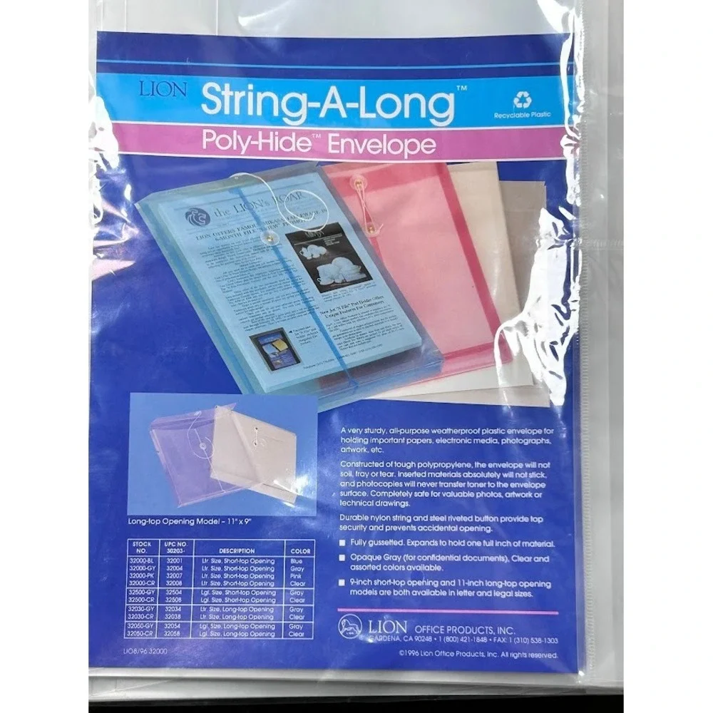 LION String-A-Long Poly-Hide Envelope 11x9 Long Top Opening Clear (3packs)‎